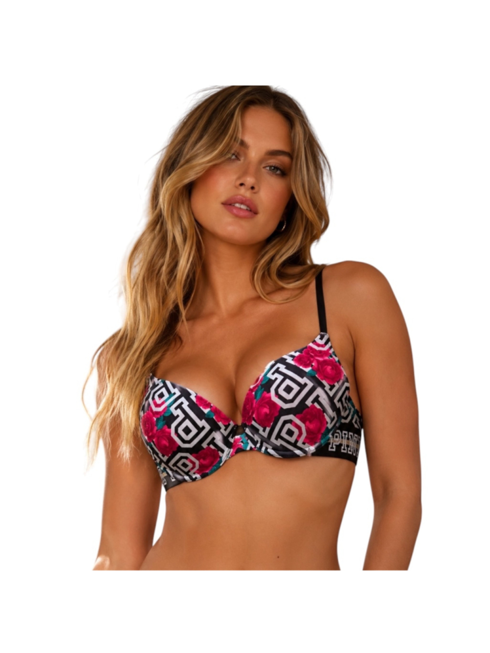PINK by Victoria’s Secret Floral Geo Push-Up Bra Black Pink White Size 34B